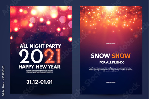 Happy new 2021 year flyer design template set with lights and bokeh effect