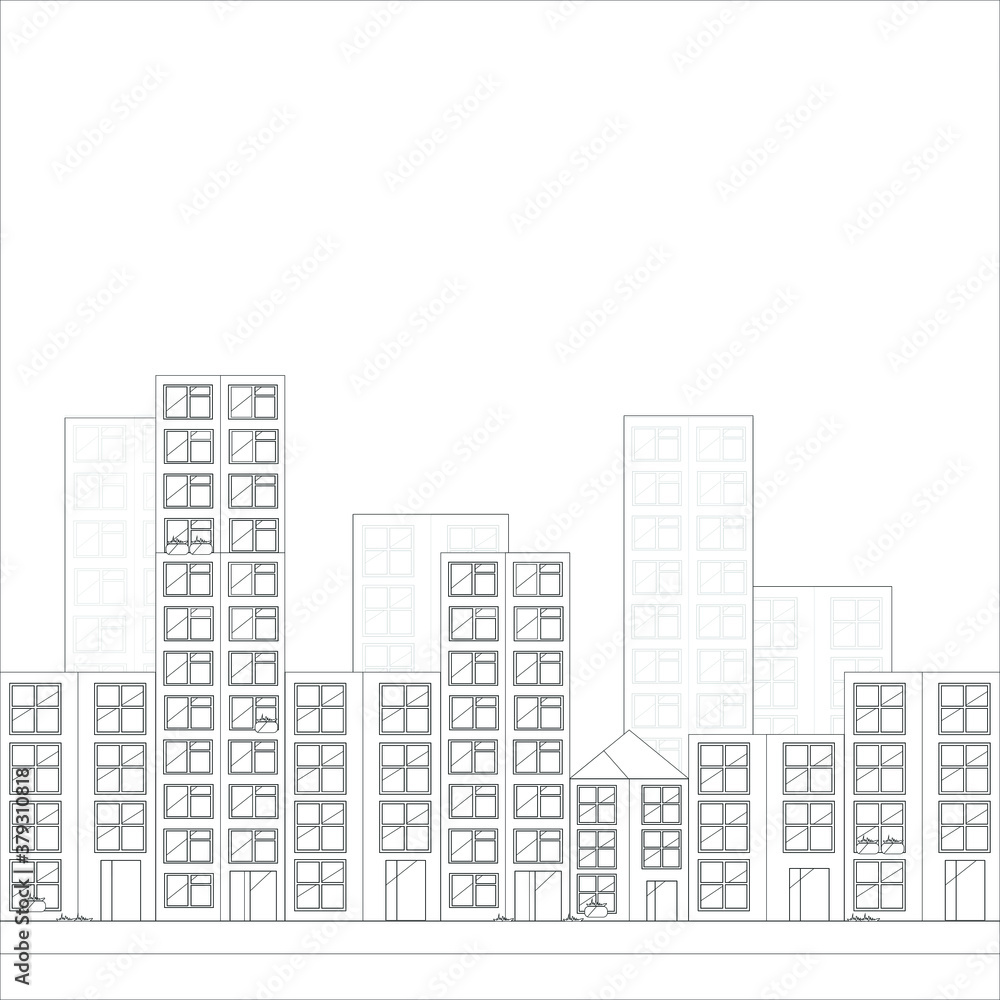 Cartoon flat town street, city view, landmark background in black and white template set. Vector illustration, children's story book, fairytail for games, background, pattern, decor. Coloring page