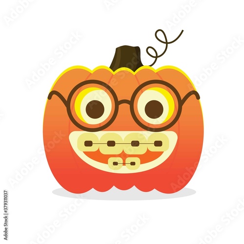 Large orange pumpkin with braces and glasses on a white background. Vector. Halloween symbol. Symbol of all saints day