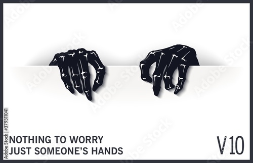 Graphic template with two mystical and scary hands from the slit. Modern style mock-up. Vector design elements