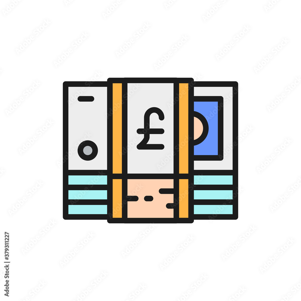 Stack of English Pound, GBP, British currency, money flat color line icon. Stack of English Pound, GBP, British currency, money flat color line icon.