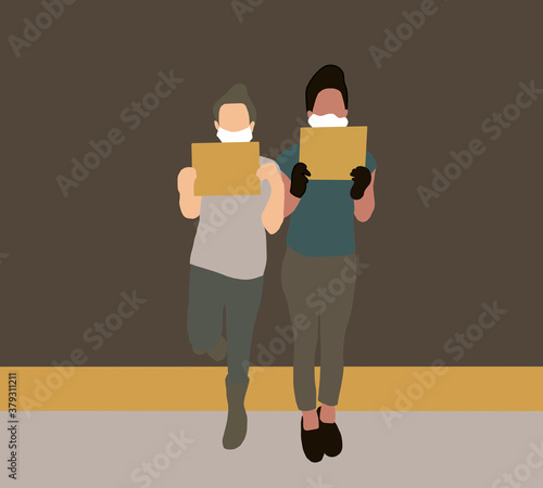 Woman wearing protective face mask and supporting anti-racism movement with group of people on city streets.Protest Against Ending Racism Poster Over Human Rights Violation.