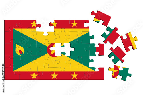 A jigsaw puzzle with a print of the flag of Grenada, some pieces of the puzzle are scattered or disconnected. Isolated background. 3d illustration