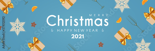 Merry Christmas and Happy New 2021 Year poster template with champagne glasses, snowflakes and gift boxes. Festive header design