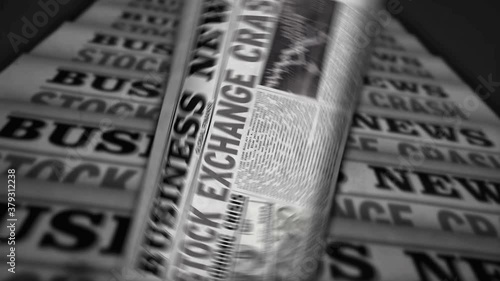 Wallpaper Mural Stock exchange crash business news. Daily newspaper printing. Vintage paper media press production abstract concept. Retro style 3d rendering black and white animation.  Torontodigital.ca