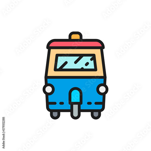 Tuk tuk car, traditional public transport in Thailand flat color line icon.