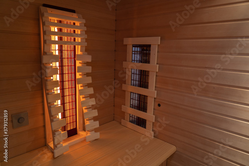 Interior of a private infrared sauna cabin