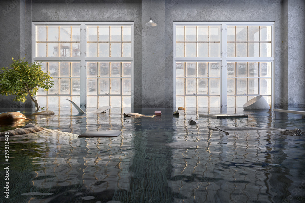 Flood water, flooding interior 3D design illustration. Water damage in ...