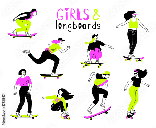 Persons on longboards. Cartoon female teenagers on boards, jumping and training sport tricks, concept of outdoors recreational activity on skateboarder isolated on white background