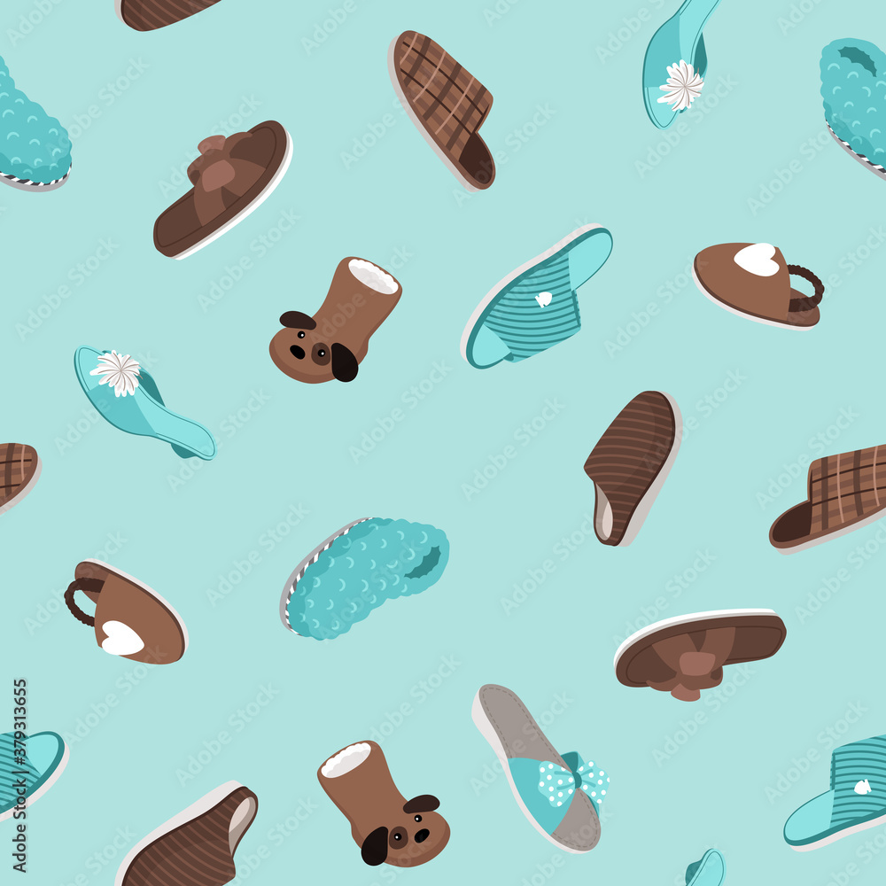 Slippers seamless pattern. Hand drawn home footwear, fur shoes and cozy sandals, vector illustration of cute comfortable shoe set