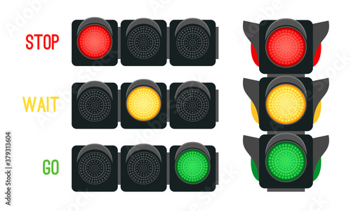 Traffic lights concept. Safety signals for driving transport in city, urban safety with semaphores, vector illustration stoplights for intersection street isolated on white background