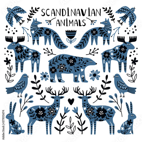 Nordic animals. Cute wild creatures, bear and deers image between branches and berries, vector illustration of scandinavian animals isolated on white background