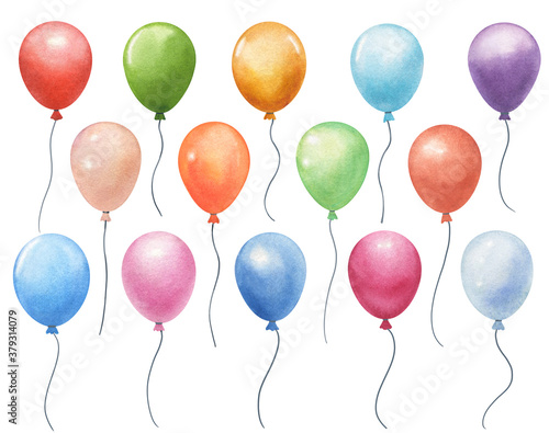 set of watercolor air balloons isolated on white. hand painted greeting elements illustration
