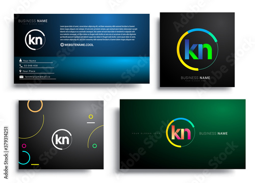 Letter KN logotype with colorful circle, letter combination logo design with ring, sets of business card for company identity, creative industry, web, isolated on white background.