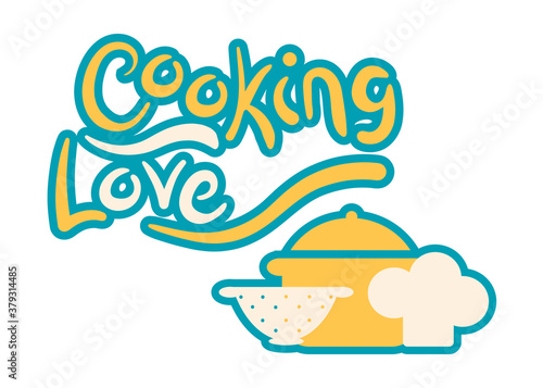 Cooking, kitchen sticker. Kitchen utensils icon or logo. Hand drawn the inscription Cooking love. Vector illustration