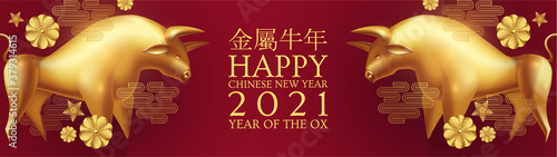 Happy Chinese new Year 2021 The year of the metal ox. Chinese traditional text means year of the ox . Holiday greetings with realistic 3D metal golden ox character