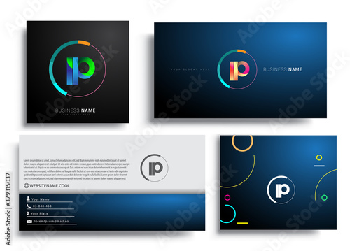 Letter LP logotype with colorful circle, letter combination logo design with ring, sets of business card for company identity, creative industry, web, isolated on white background.