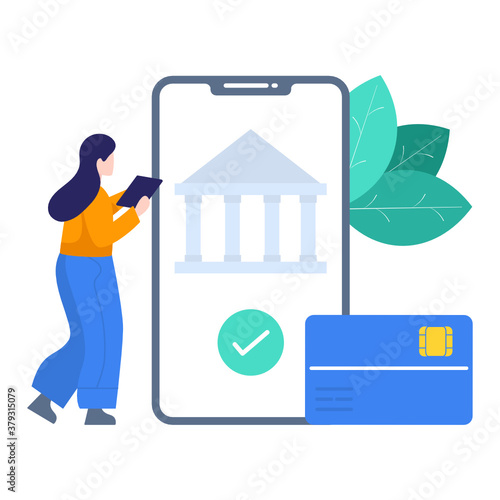 
Bank building inside smartphone, flat design of banking technology 
