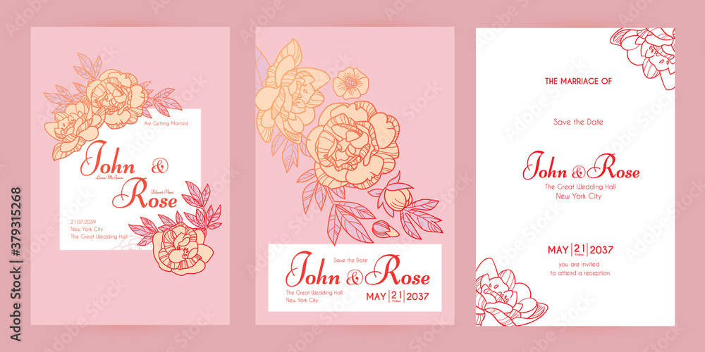 Wedding invitation card set with peony flowers and copper metal effect. Thank you, greeting, birthday, rsvp Wedding invitation card set with peony flowers and copper metal effect. Thank you, greeting, birthday, rsvp