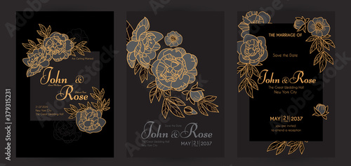 Wedding invitation card set with peony flowers and gold metal effect. Thank you, greeting, birthday, rsvp