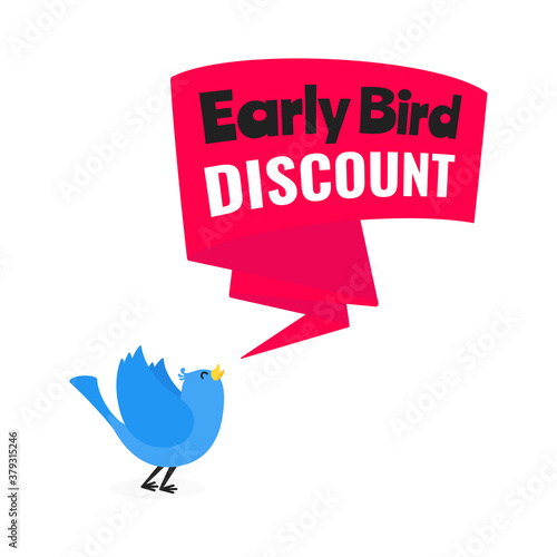 Early bird special offer discount sale event banner flat style design vector illustration. Tiny bird and big ribbon banner with text isolated on white background.