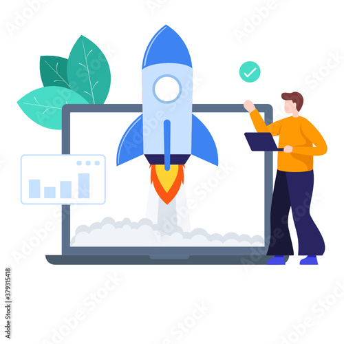 
Rocket coming out from laptop denoting concept of startup illustration
