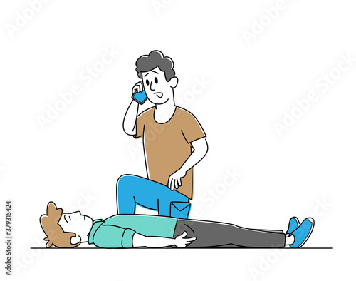 Emergency Call to Ambulance, First Aid Help. Man Victim Lying on Floor. Nursing Training, Cardiopulmonary Resuscitation