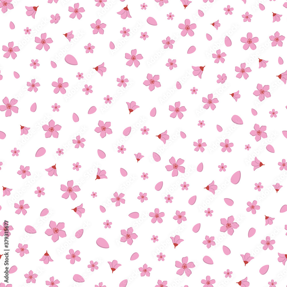 Vector beautiful pink cherry blossom flowers and petal seamless pattern background on white surface. Great use for fabric, wallpaper, giftwrap, home decor items, wellbeing etc.