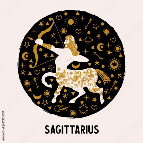 Sagittarius. Zodiac sign. The centaur shoots a bow. Vector emblem.