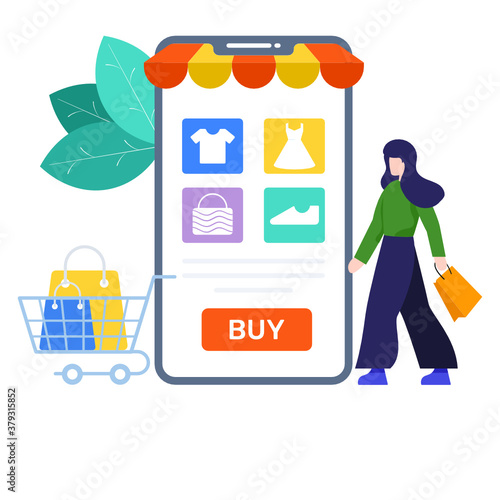 
Mobile shopping app illustration in trendy style, ecommerce vector 
