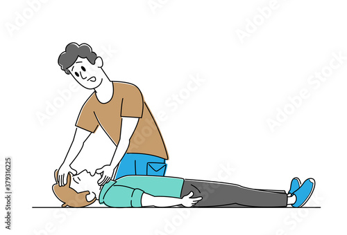 Character First Aid Help to Victim on Floor. Man Lift Chin to Diseased Patient for Check Breathing. Nursing Training