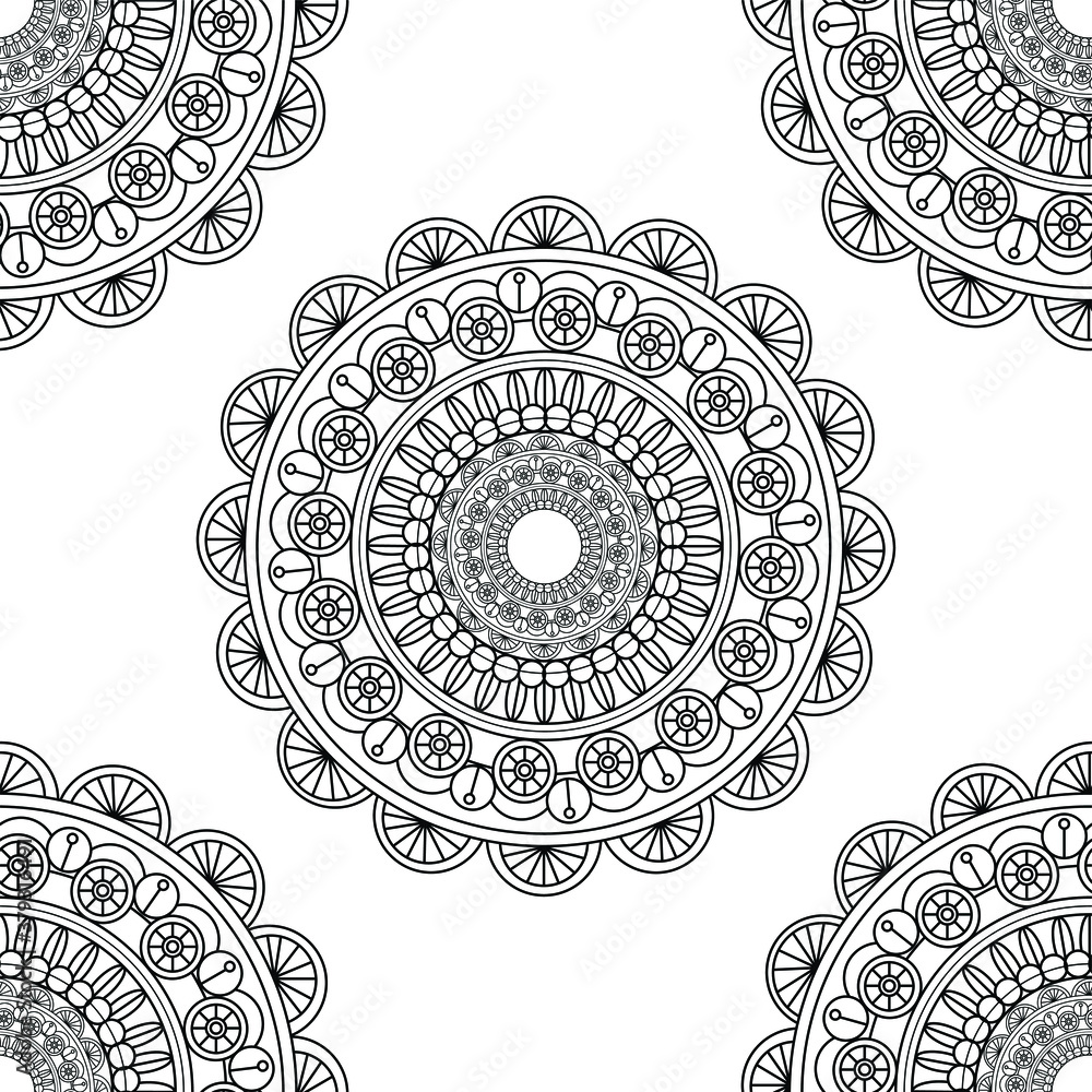 India inspired mandala design seamless pattern template in black and white. Vector illustration for games, background, pattern, decor. Coloring paper, page, book. Print for fabrics and other surfaces.