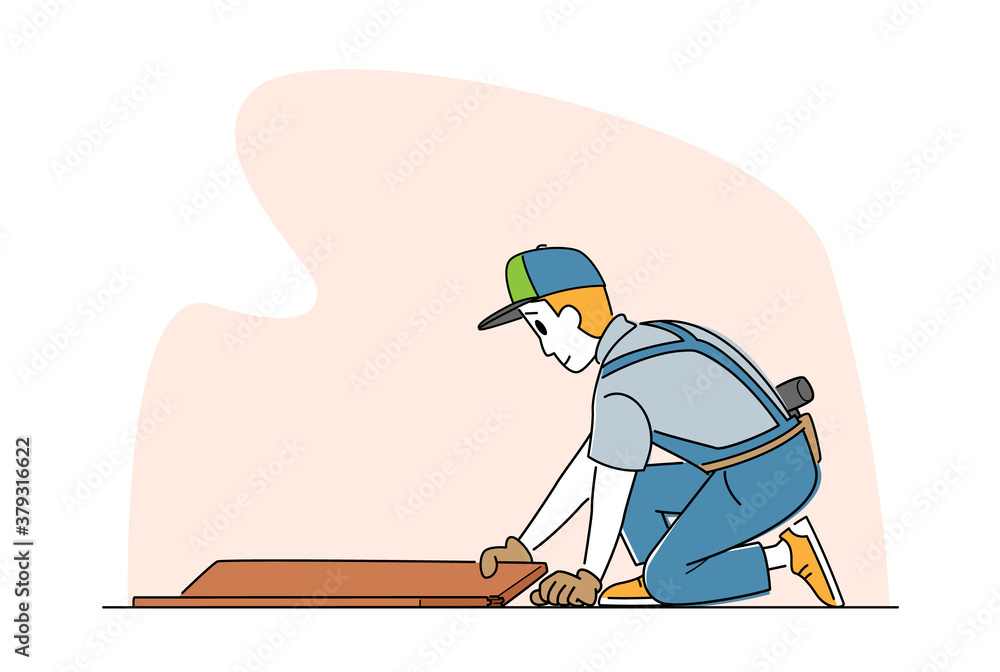 Laminate Flooring Service. Worker with Tools Sitting on Floor Fitting Laminate Pieces. House Work, Handyman Business