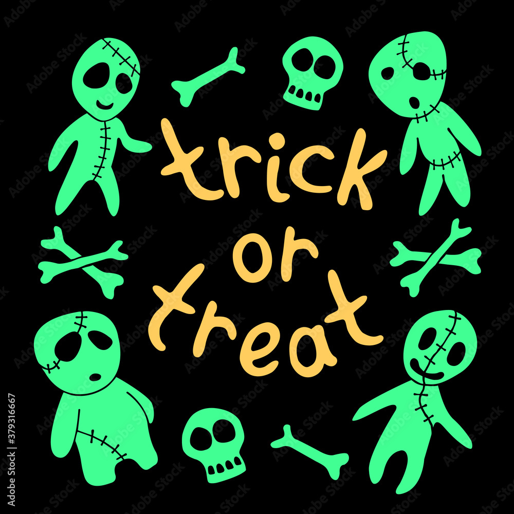 Happy Halloween-square frame of holiday design characters- zombies, bones, skulls. Trick or treat-lettering. Festive border, background or title for greeting card, invitation, party, poster, banner Happy Halloween-square frame of holiday design characters- zombies, bones, skulls. Trick or treat-lettering. Festive border, background or title for greeting card, invitation, party, poster, banner