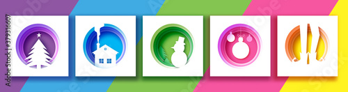 Merry Christmas paper cut banner. Xmas design of christmas tree, house, snowman, bauble and garland, elf. Happy New Year Greetings card. Winter time. Seasonal holidays.