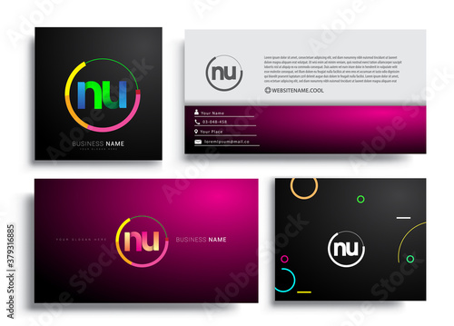 Letter NU logotype with colorful circle, letter combination logo design with ring, sets of business card for company identity, creative industry, web, isolated on white background.