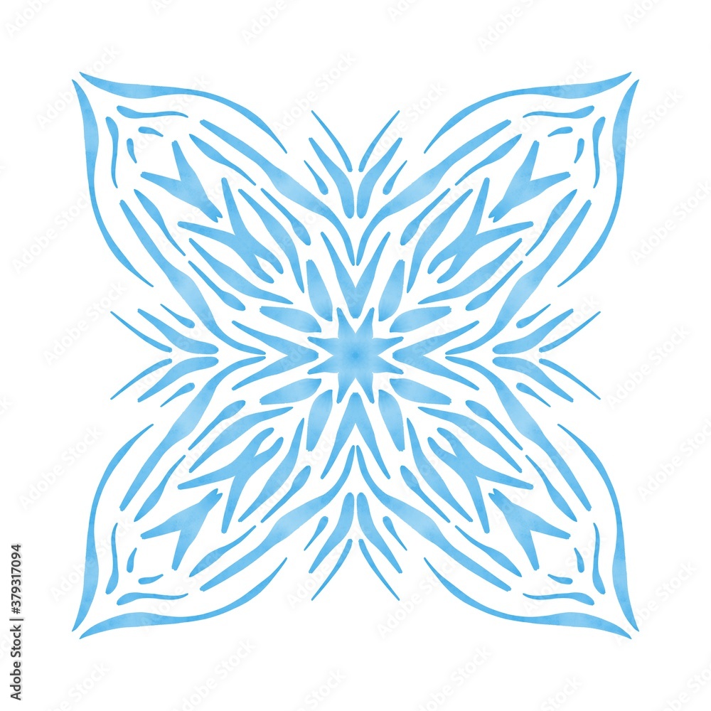 Blue watercolor stamp illustration. Symmetrical ornament design