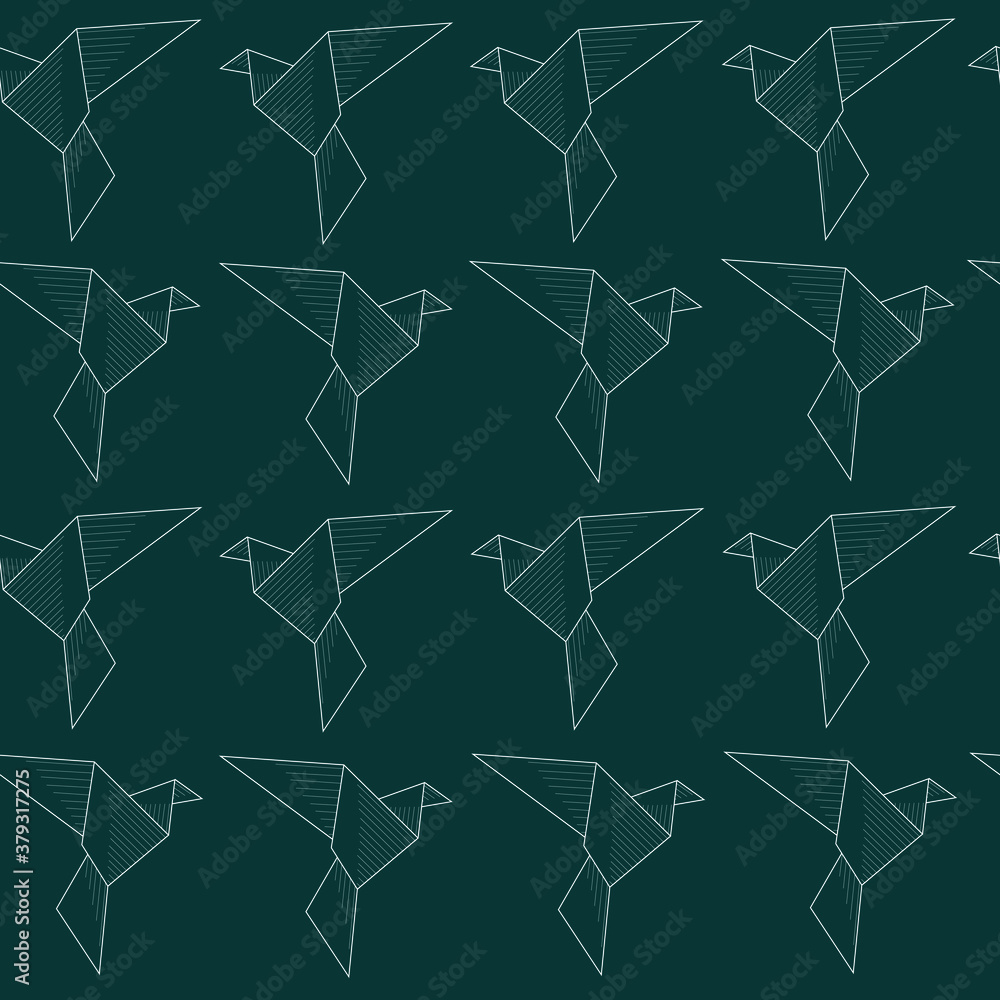 Cartoon origami paper birds template. Vector illustration on dark green background for games, background, pattern, decor. Print for fabrics and other surfaces. Coloring paper, page, book.