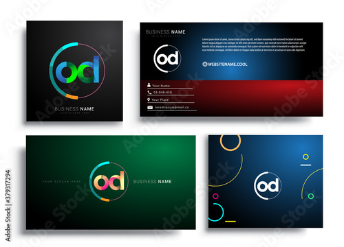 Letter OD logotype with colorful circle, letter combination logo design with ring, sets of business card for company identity, creative industry, web, isolated on white background.