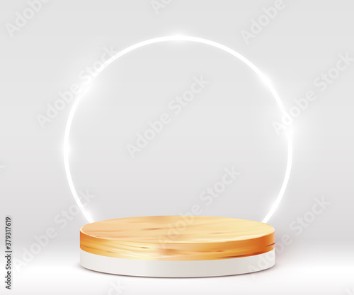  Abstract scene background. Cylinder wood podium on white background. Product presentation, mock up, show cosmetic product, Podium, stage pedestal or platform.