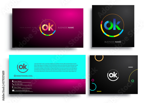 Letter OK logotype with colorful circle, letter combination logo design with ring, sets of business card for company identity, creative industry, web, isolated on white background.