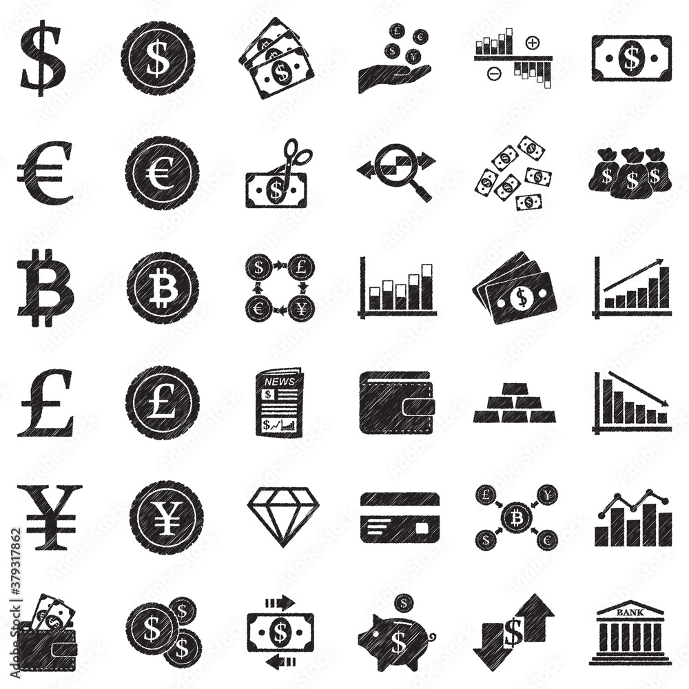 Currency Icons. Black Scribble Design. Vector Illustration.