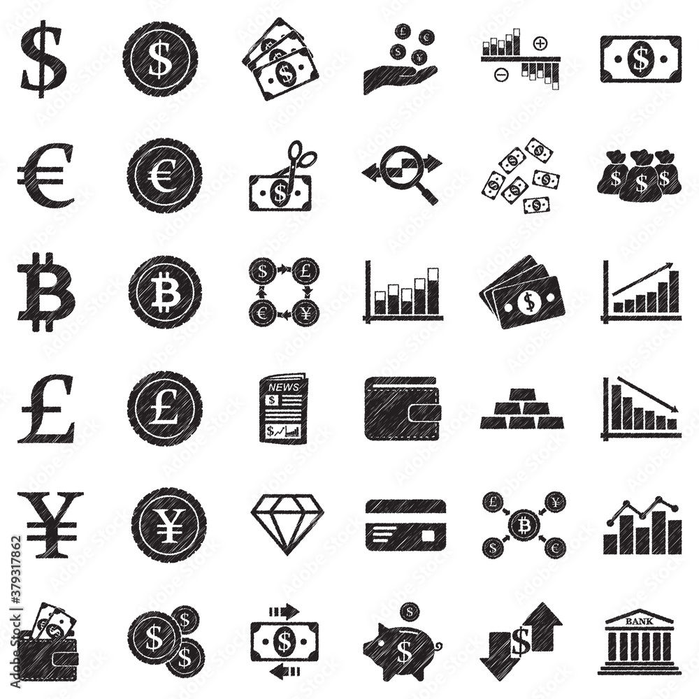 Currency Icons. Black Scribble Design. Vector Illustration. Currency Icons. Black Scribble Design. Vector Illustration.