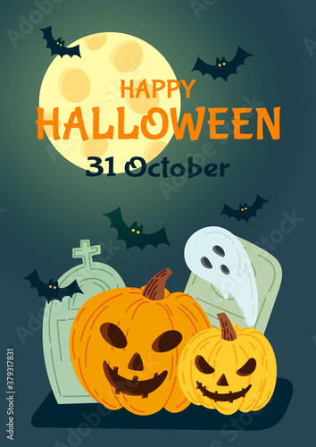 Halloween party invitation card for holidays. Pumpkin and bats  ghosts. Vector illustration.