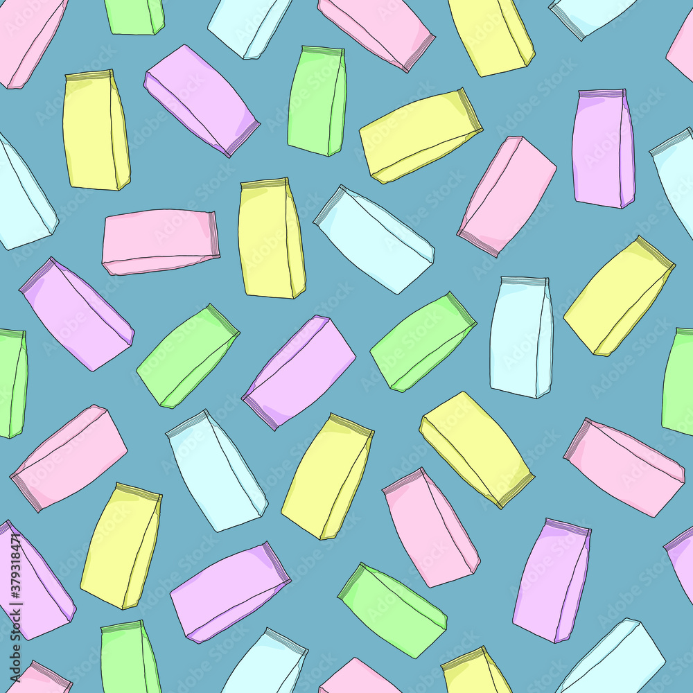 Cartoon milk bags or coffee packages seamless pattern template. Vector illustration on pastel blue background for games, wallpaper, decor. Print for fabrics and other surfaces. Cartoon milk bags or coffee packages seamless pattern template. Vector illustration on pastel blue background for games, wallpaper, decor. Print for fabrics and other surfaces.