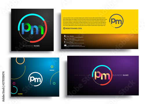 Letter PM logotype with colorful circle, letter combination logo design with ring, sets of business card for company identity, creative industry, web, isolated on white background.
