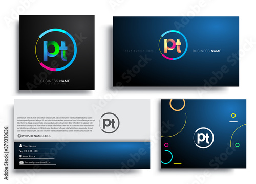 Letter PT logotype with colorful circle, letter combination logo design with ring, sets of business card for company identity, creative industry, web, isolated on white background.