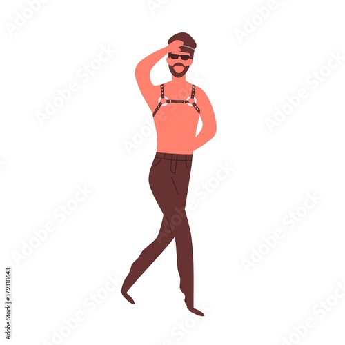 Homosexual male go in leather suspender and policeman cap vector flat illustration. Man lgbt community member in bdsm costume isolated on white. Bearded gay in latex bondage enjoying freedom