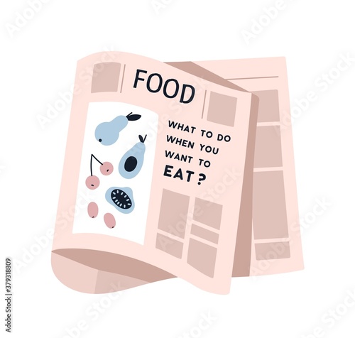 Weekly or daily newspaper sheet with picture and text vector flat illustration. Blank of healthy nutrition or snack isolated on white. Newsprint page with information about dietary or vegetarian food