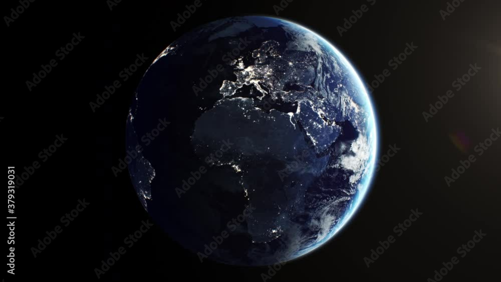 Beautiful Planet Earth Rotating in Space Seamless. Lights of Cities at Night, Glowing Sunset Looped 3d Animation. Realistic View from Orbit Satellite. Business and Technology Concept 4k UHD 3840x2160 Beautiful Planet Earth Rotating in Space Seamless. Lights of Cities at Night, Glowing Sunset Looped 3d Animation. Realistic View from Orbit Satellite. Business and Technology Concept 4k UHD 3840x2160